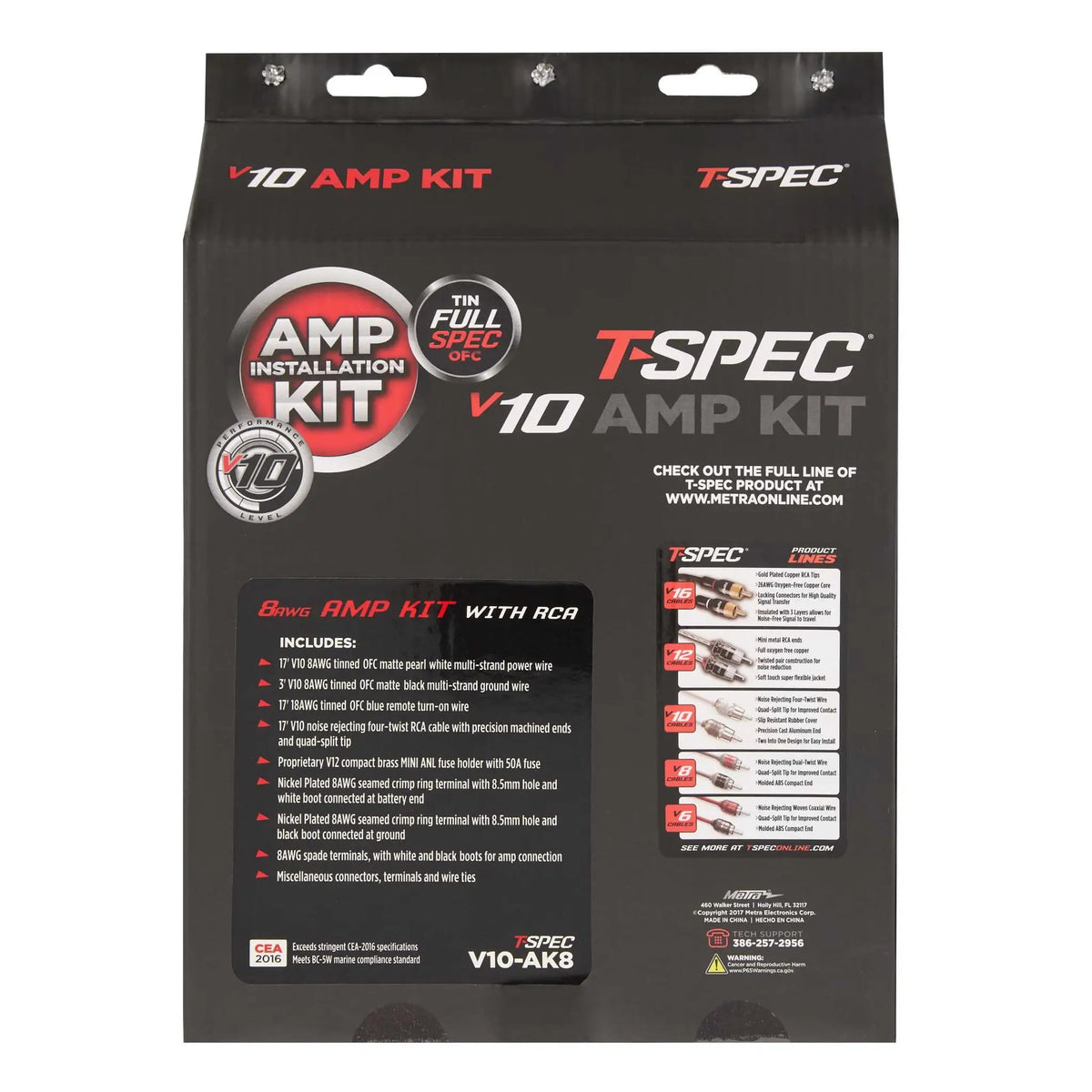 T-Spec V10-AK8 amplifier wiring kit retail packaging with installation-kit contents listed