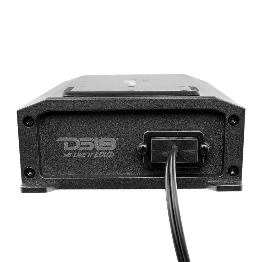 End view of a black DS18 amplifier showing the cable entry and housing screws