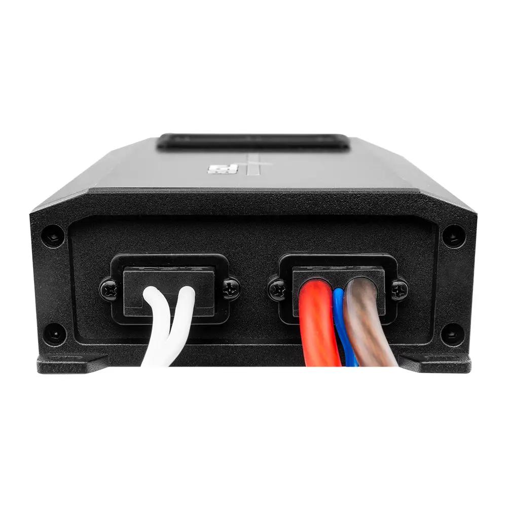Black amplifier end panel with white and colored wires passing through two cable entries