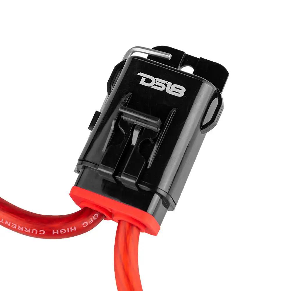 Close-up of a black DS18 inline fuse holder with a latch, mounting tab and red power cables.