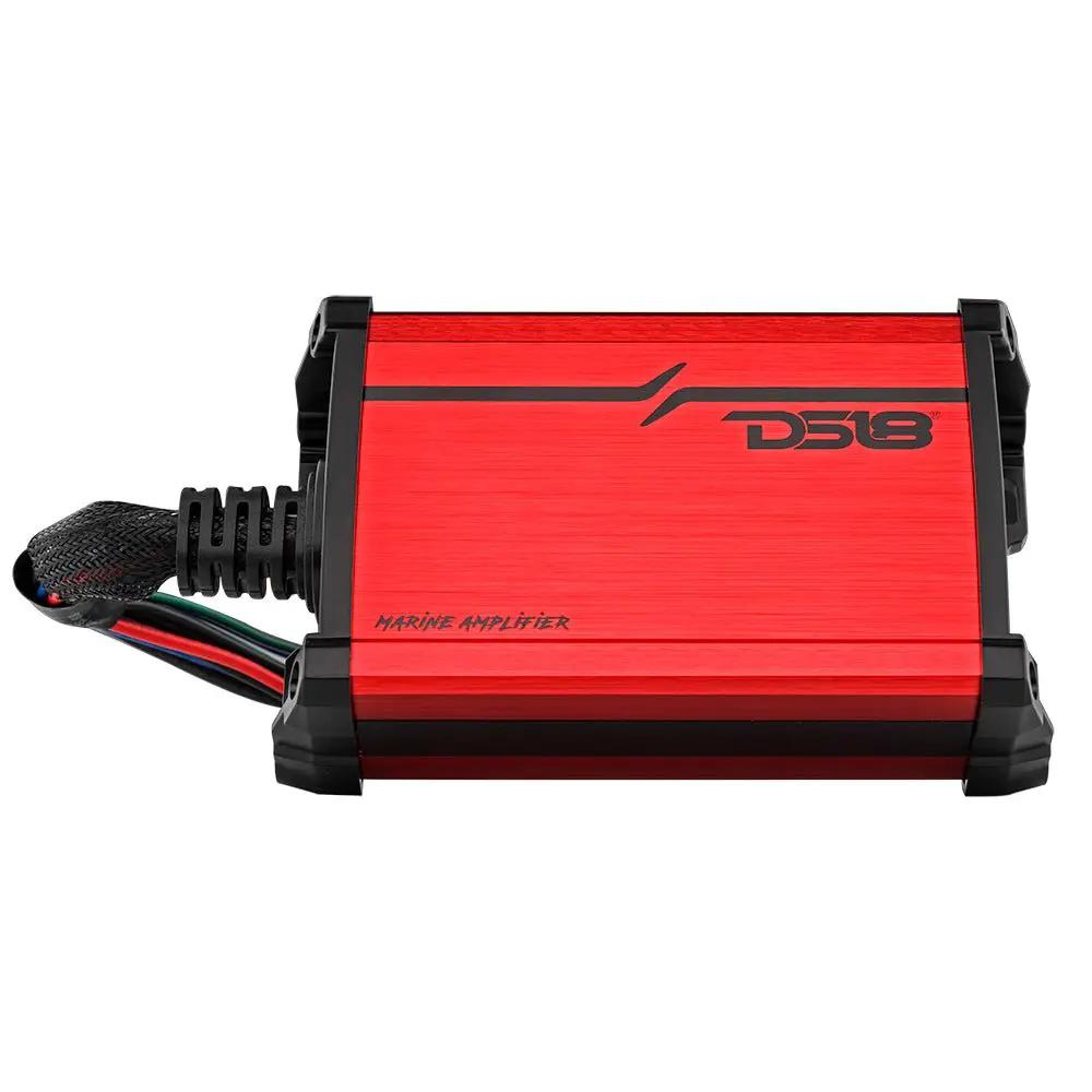 Red DS18 marine amplifier with black end caps, mounting feet and a bundled wiring harness.