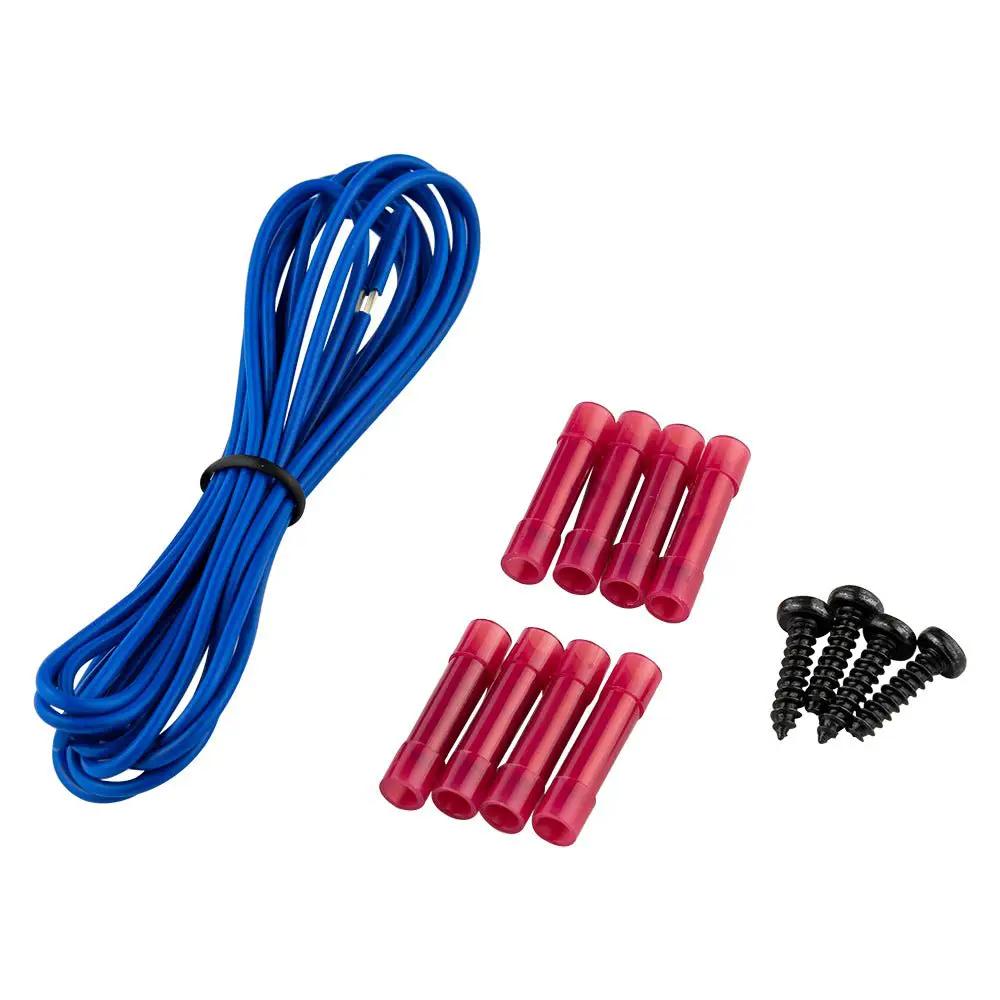 Amplifier accessories including a coiled blue wire, red butt connectors and black mounting screws