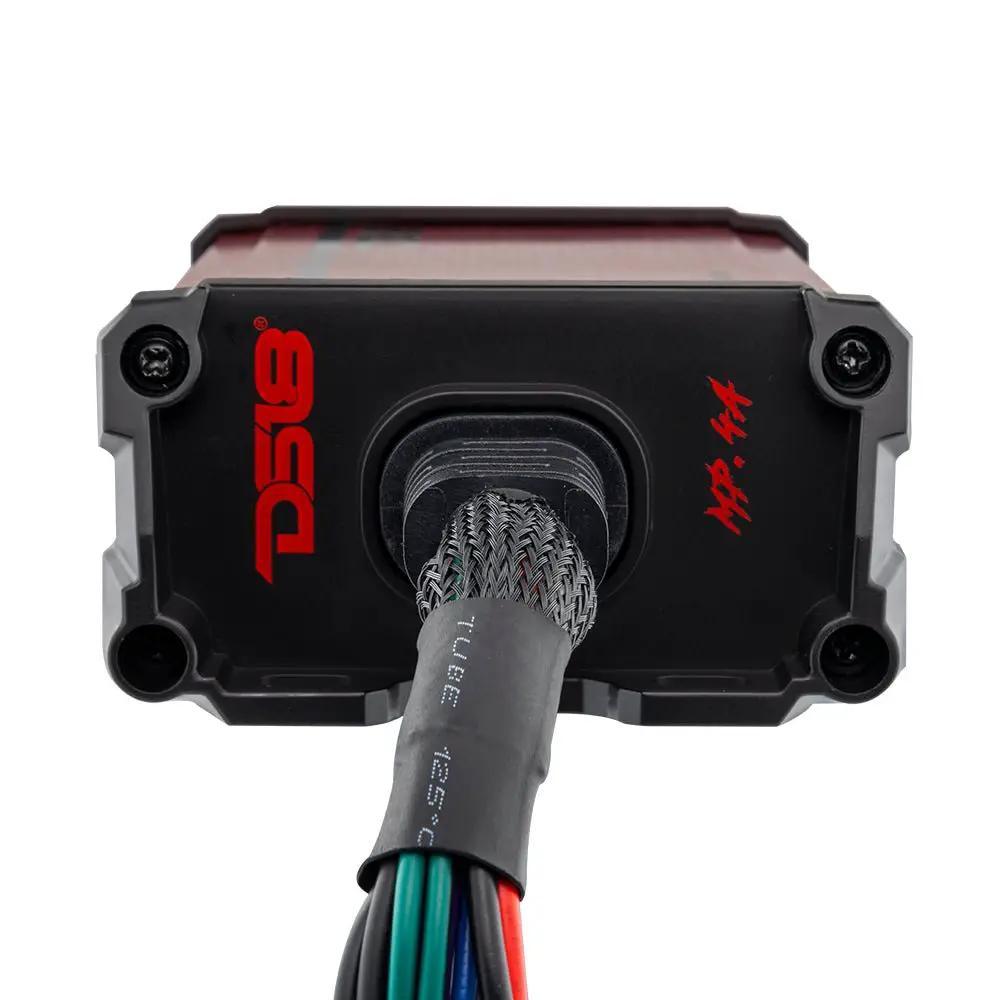 Cable end of a DS18 MP.4A amplifier with a black end plate and sleeved multicolored wire bundle