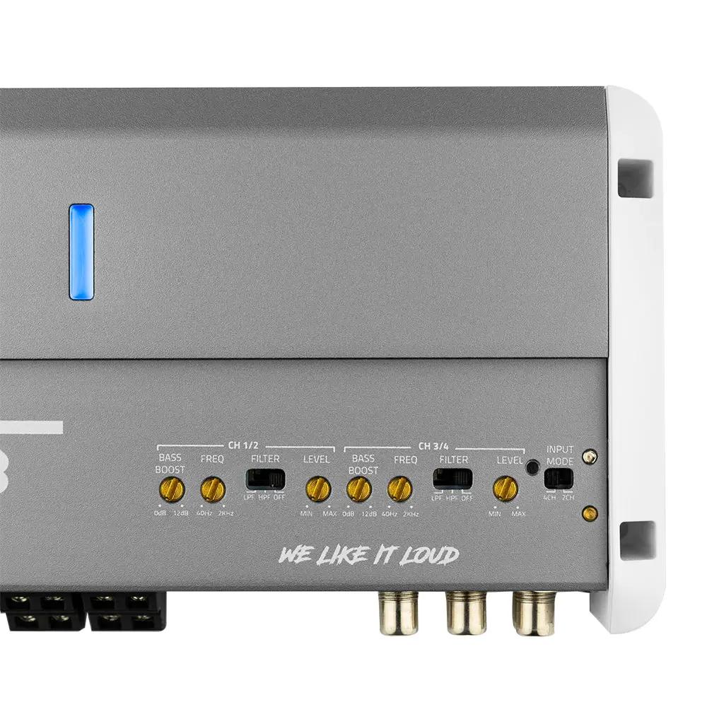 Amplifier controls for channels 1/2 and 3/4, including bass boost, frequency, filter, level and input-mode settings