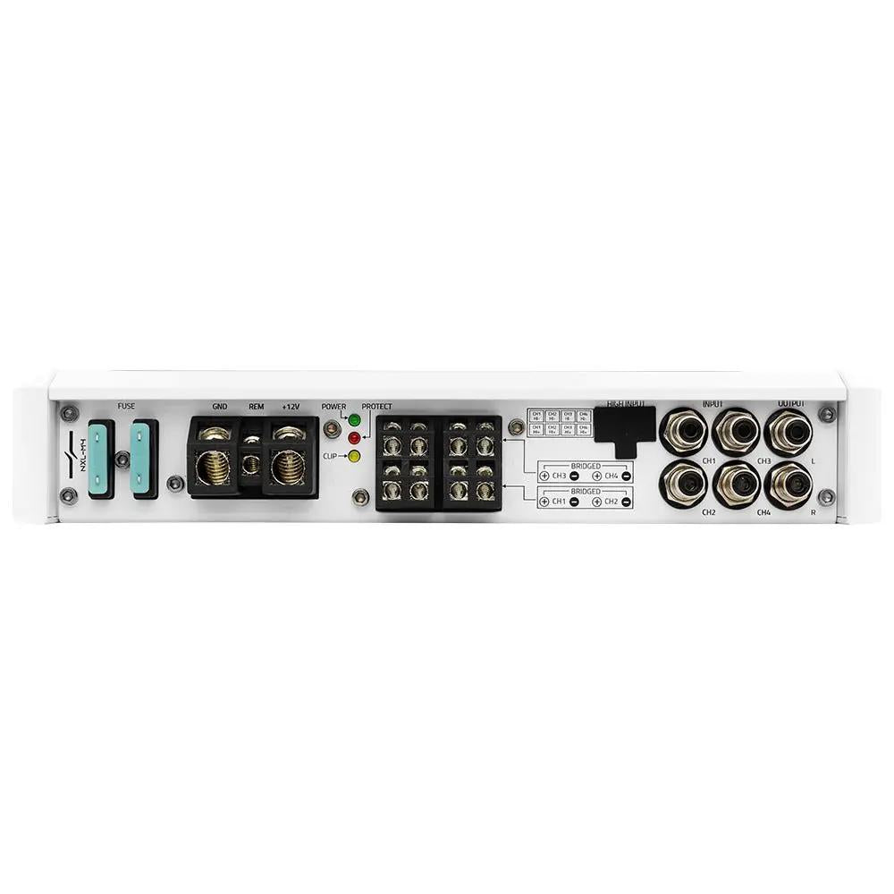 DS18 NXL-M4 connection panel with two fuses, power terminals, four speaker channels, RCA inputs and outputs