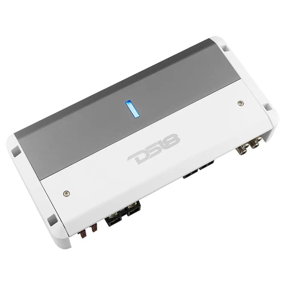 Angled top view of a silver and white DS18 amplifier with a blue indicator and connectors along one edge