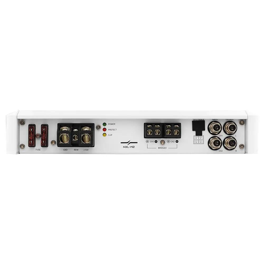 DS18 NXL-M2 amplifier end panel with fuses, power and two-channel speaker terminals, high-level input and RCA input/output jacks