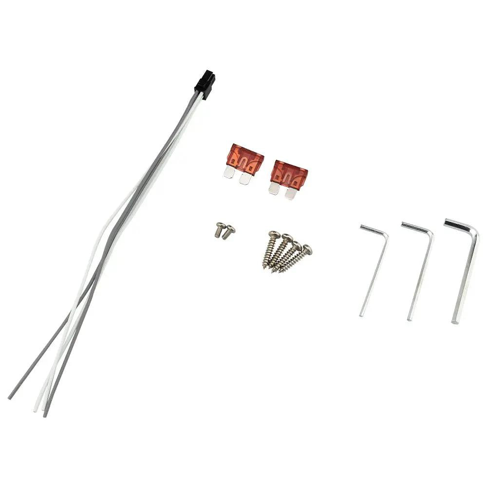 Amplifier accessory set with wire leads, two blade fuses, mounting screws and three hex keys