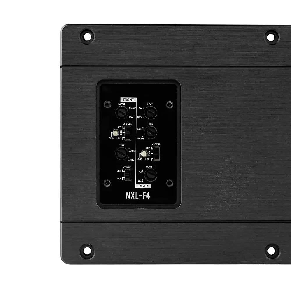 DS18 NXL-F4 amplifier control panel with front and rear level, crossover and frequency controls, boost and 2/4-channel configuration