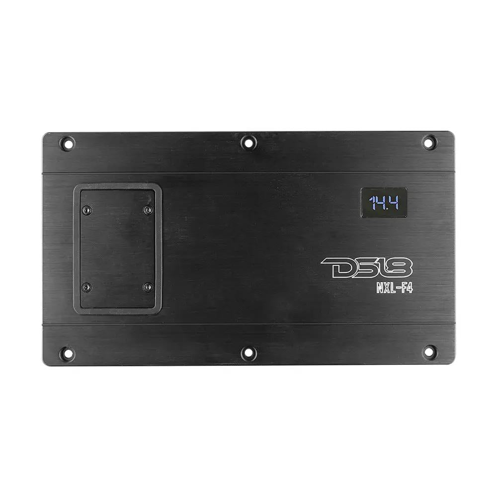 Top view of a black DS18 NXL-F4 amplifier with its control cover fitted and a display reading 14.4