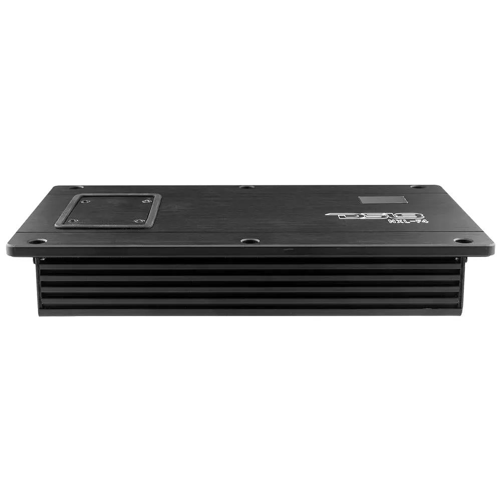 Low side view of a black DS18 amplifier showing its cooling fins and flat mounting plate
