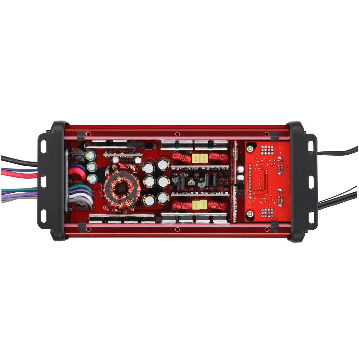 Open red DS18 amplifier housing showing its circuit board, capacitors, copper coil and wire leads