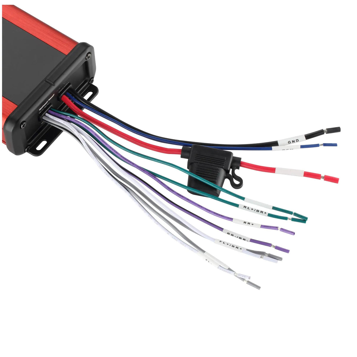 Close-up of an amplifier's multicolor wiring leads, labeled ends and inline fuse holder