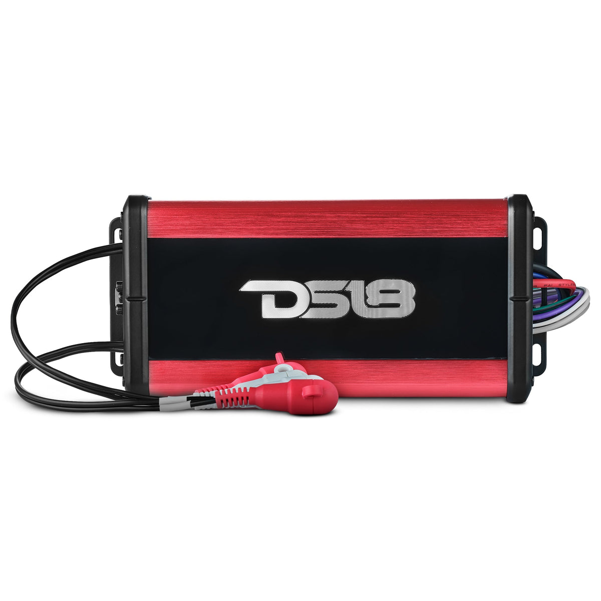 Top view of a red-and-black DS18 amplifier with RCA leads, wire bundle and mounting tabs