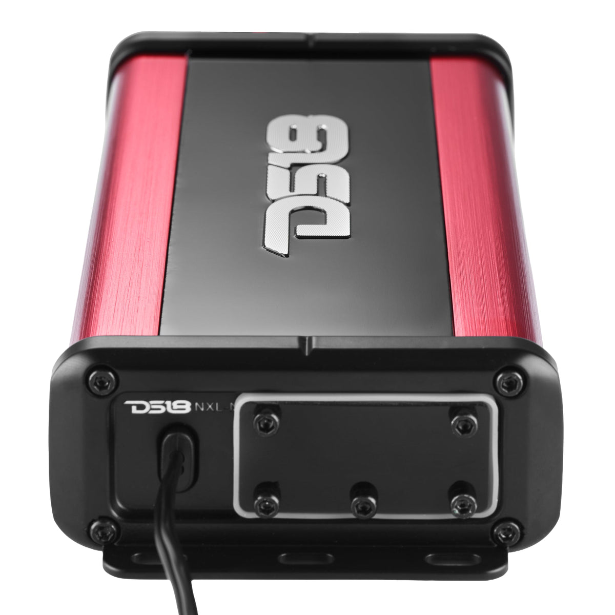 Angled view of a red-and-black DS18 amplifier with a screwed cover over its end-panel controls