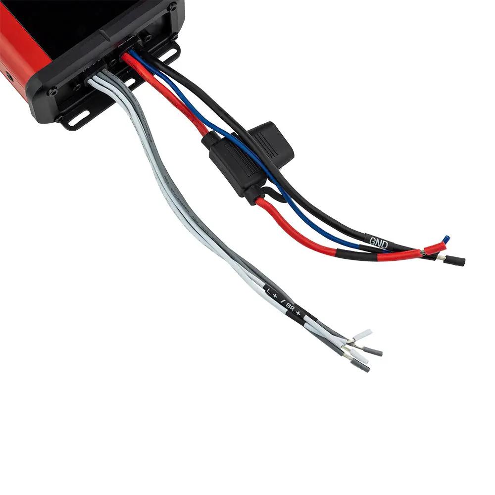 Close-up of a DS18 amplifier wire harness with an inline fuse holder and stripped wire ends