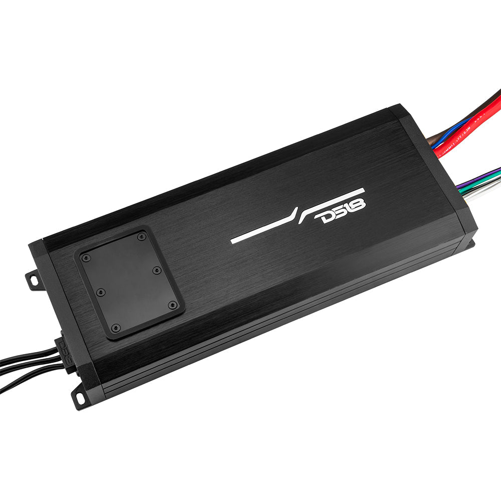 Angled top view of a black DS18 amplifier with a covered control panel and wire bundles at both ends
