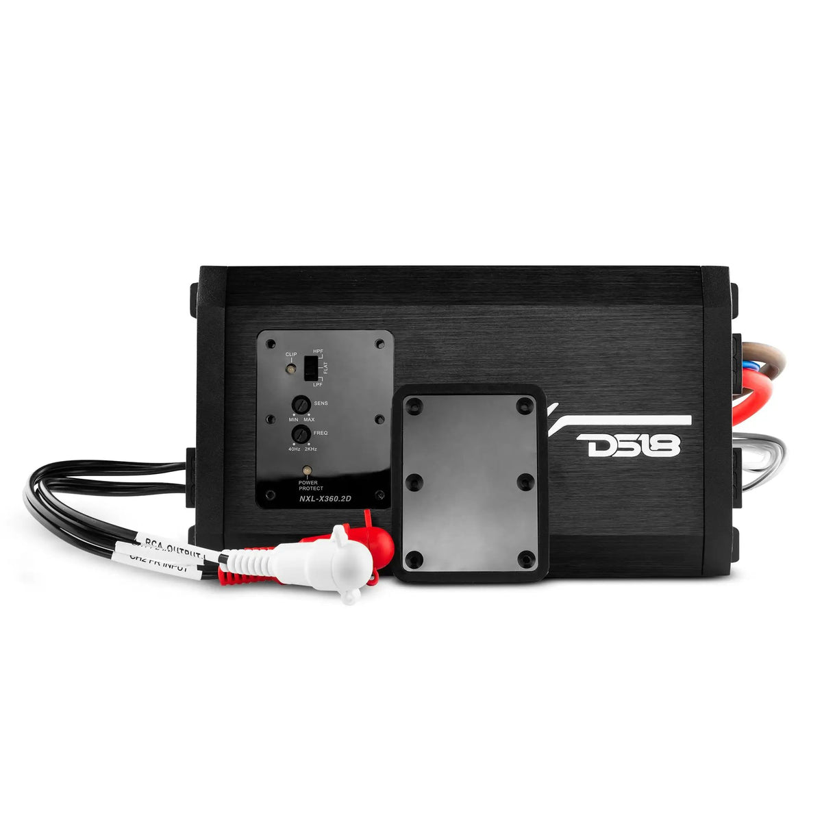 DS18 NXL-X360.2D amplifier with its control cover removed, showing filter, sensitivity and frequency controls beside capped RCA leads