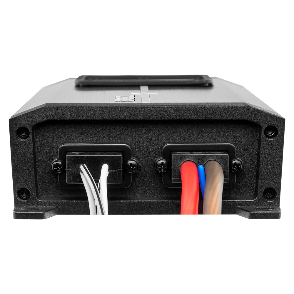 Black amplifier end panel with white wires and red, blue and brown leads passing through two cable entries