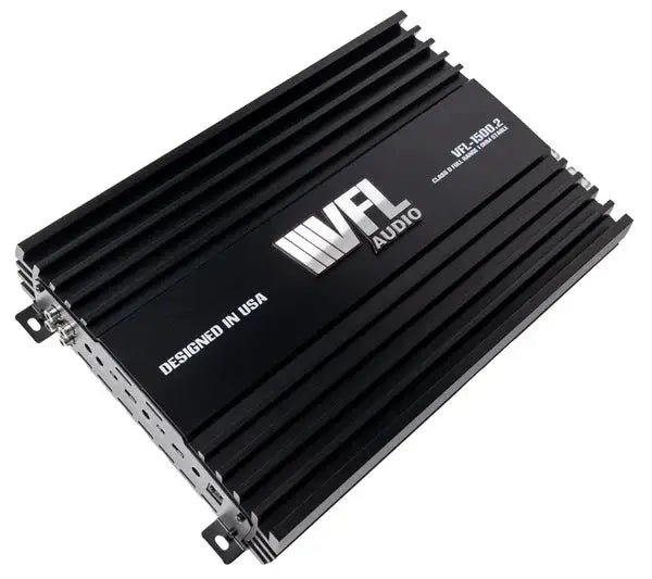 VFL Audio 1500.2D amplifier at an angle, showing its black finned housing and end connection panel.