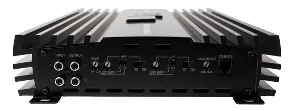 VFL Audio 1500.2D amplifier connection panel with RCA jacks, gain and filter controls, and a remote port.