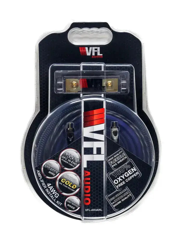 VFL Audio amplifier wiring kit in retail packaging