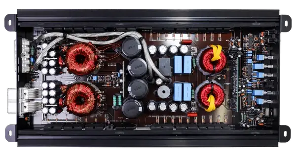 VFL COMP 3K amplifier, internal view of copper coils, capacitors, and wiring