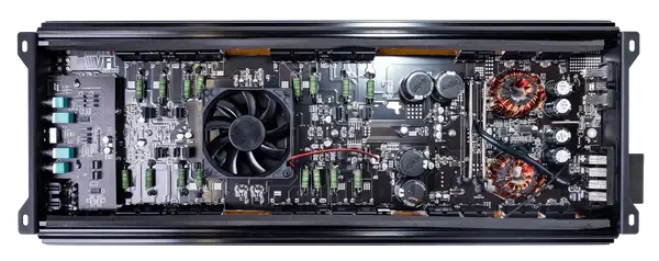 VFL Audio Stealth 500.4 amplifier interior with circuit board, cooling fan and copper coils.