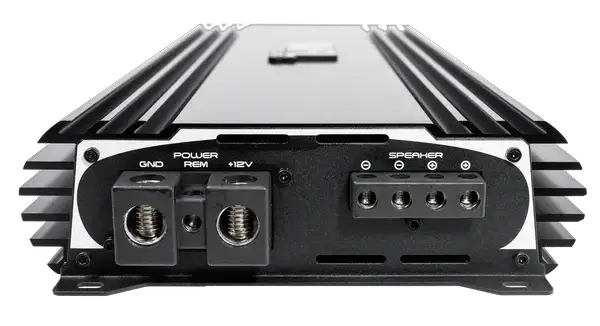 VFL Stealth 5500.1D amplifier, power and speaker terminal end beneath the finned case