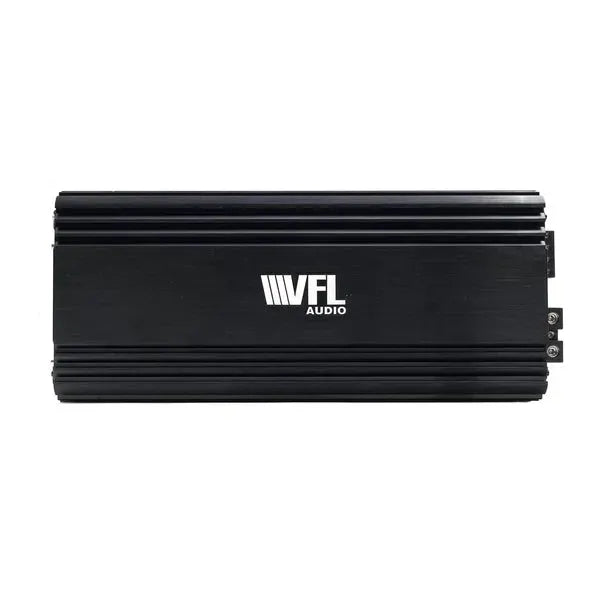 Black VFL Audio amplifier with a ribbed heatsink, top view