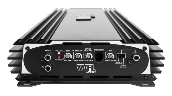 VFL Stealth 5500.1D amplifier input panel with RCA sockets, tuning controls, remote port, and link connection