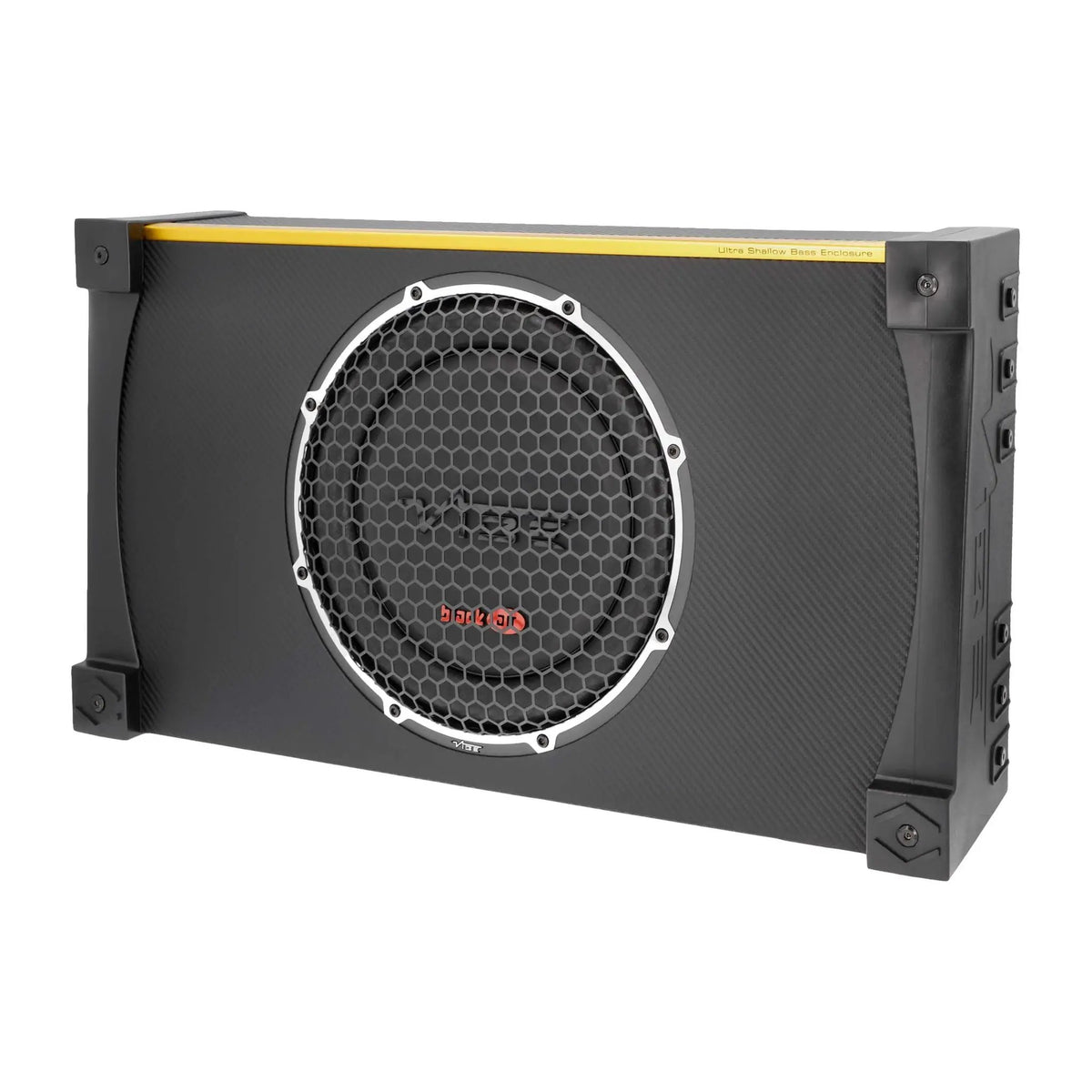 Angled view of a carbon-pattern VIBE subwoofer enclosure with a round grille and yellow top strip
