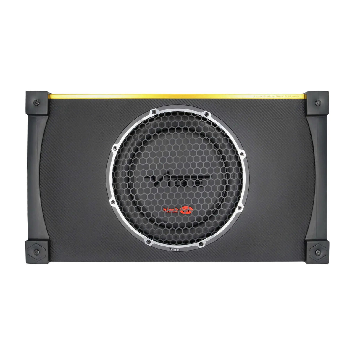 Front view of a VIBE subwoofer enclosure with a round mesh grille, yellow top trim and black corner brackets