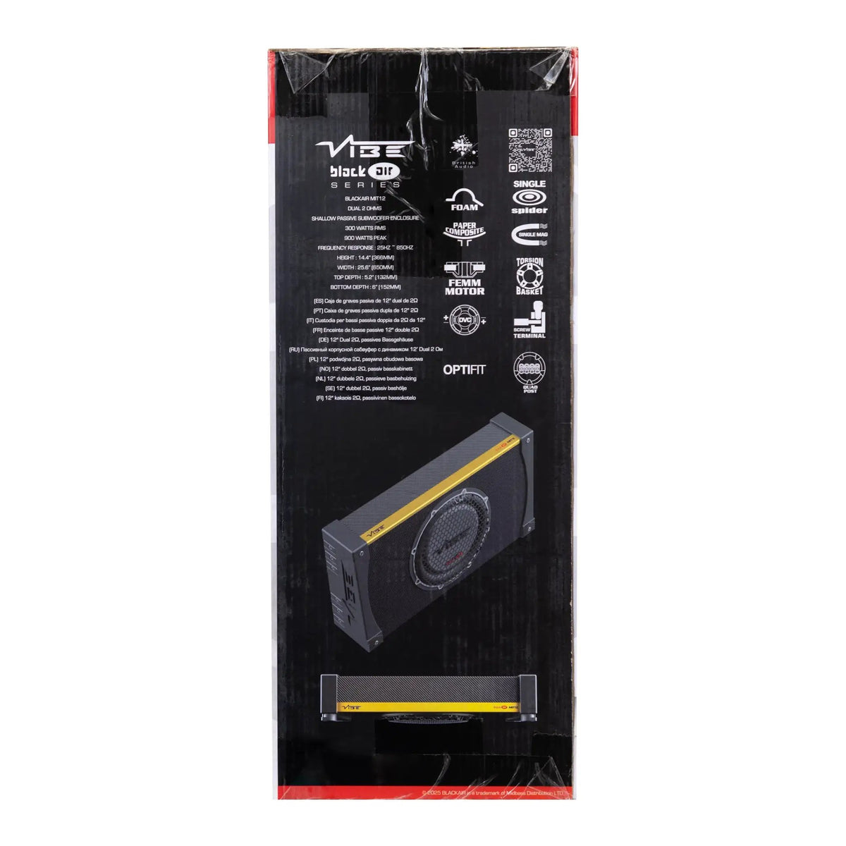 Side of a VIBE Black Air MIT12 box listing dual 2 ohms, 300 watts RMS and 900 watts peak with feature icons