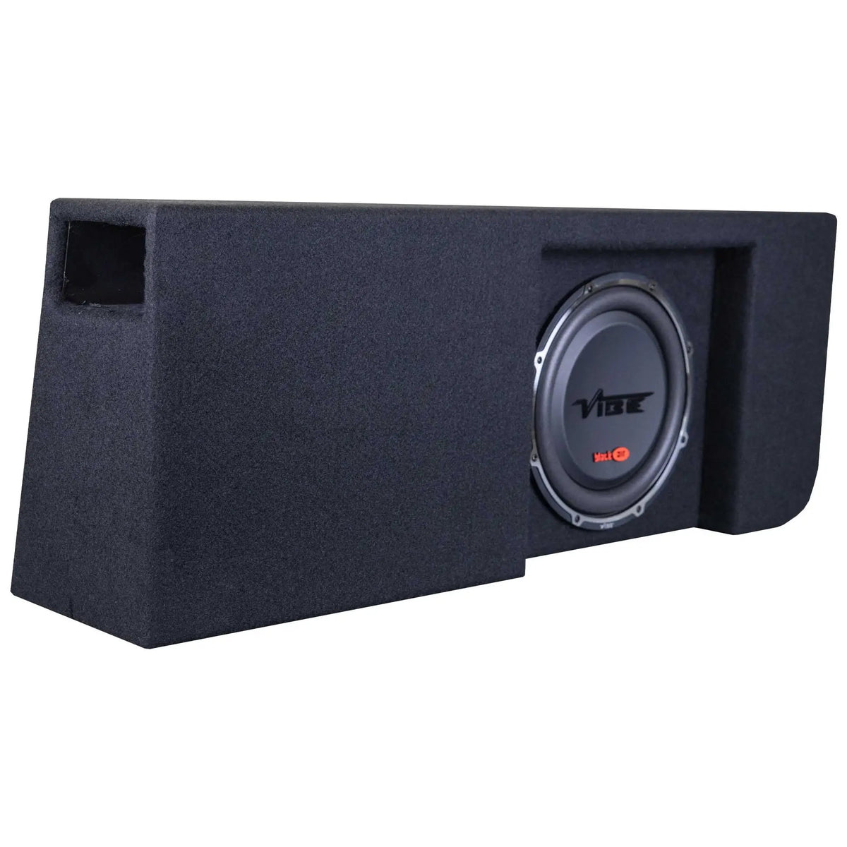 Black carpeted VIBE subwoofer enclosure with an offset speaker and rectangular port at the opposite end