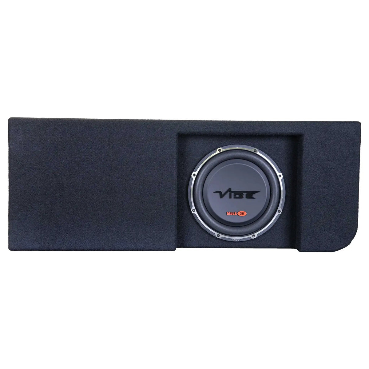 Straight-on view of a long black carpeted enclosure with an offset recessed VIBE subwoofer
