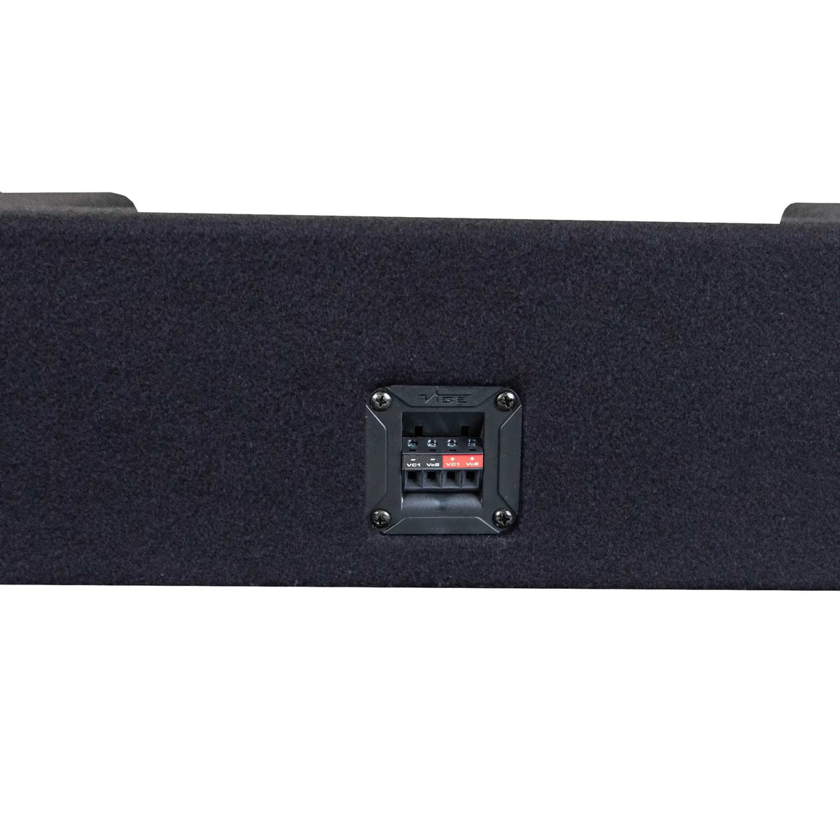 Close-up of a VIBE four-terminal connection cup recessed into a carpeted enclosure