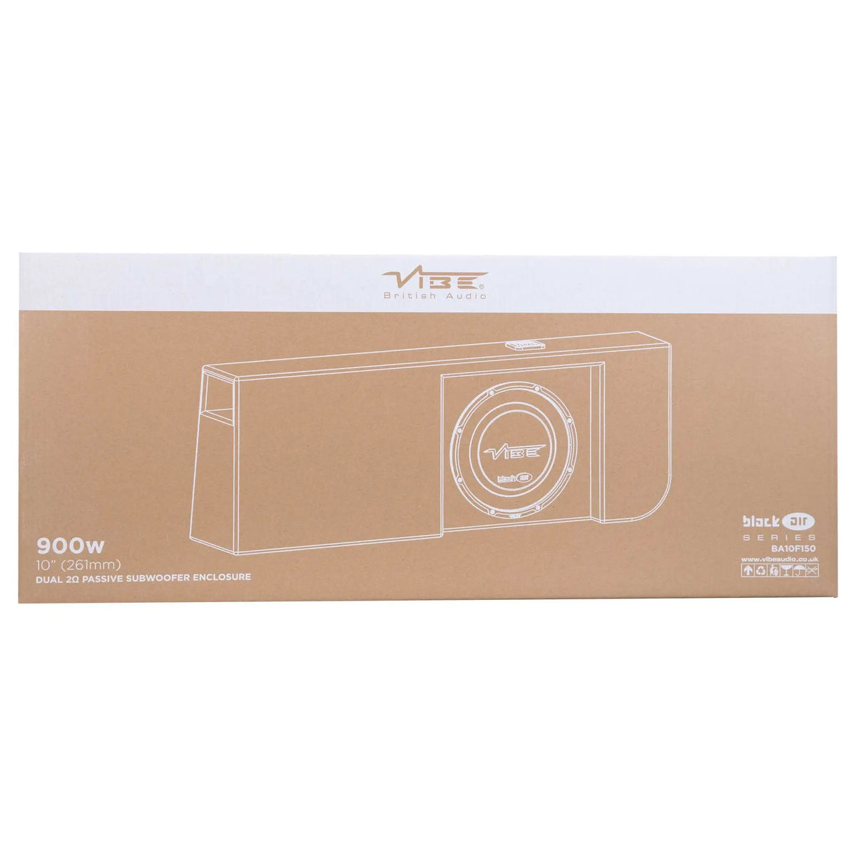VIBE subwoofer enclosure packaging front showing an enclosure illustration and 900W marking