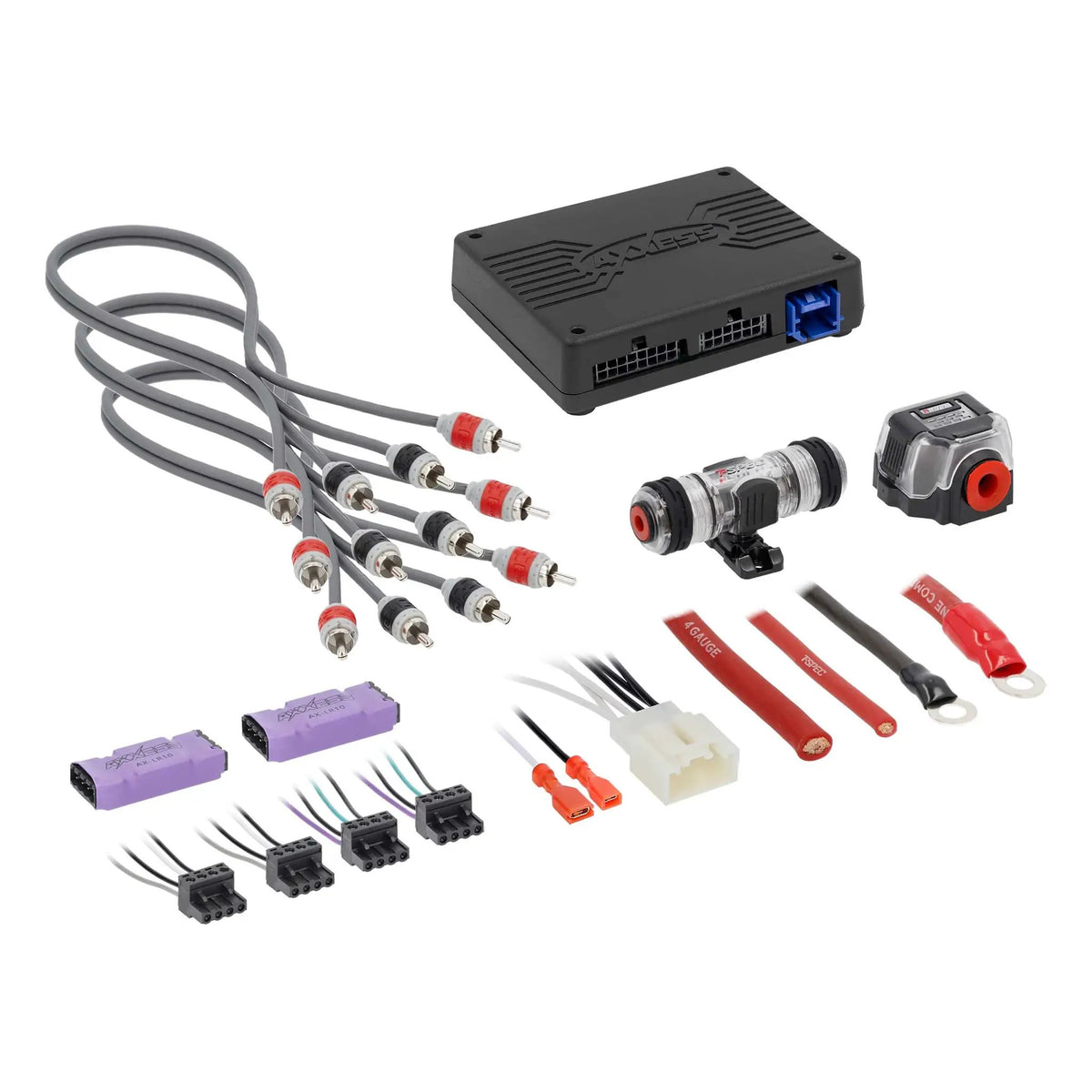 Audio interface module and installation parts with RCA cables, fuse holders, plugs and crimp connectors