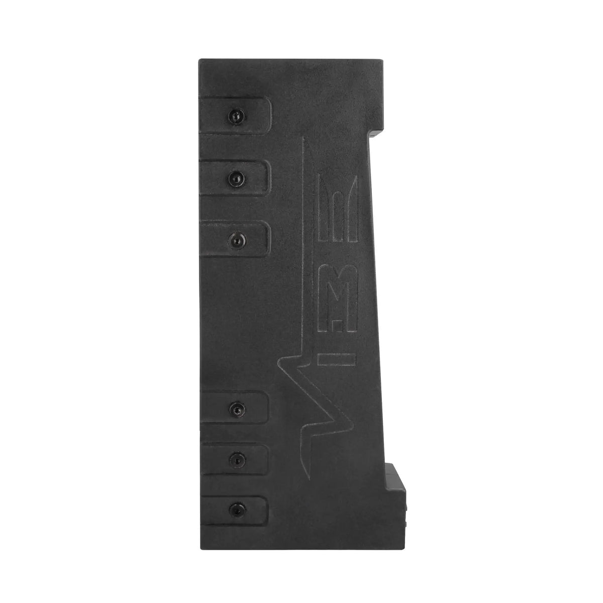 Rear panel of a black VIBE enclosure showing molded branding and mounting slots