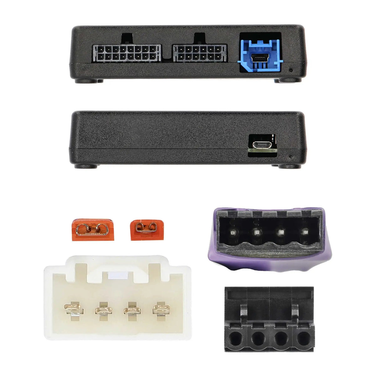 Audio interface module, connector plugs and fuses shown in a parts collage