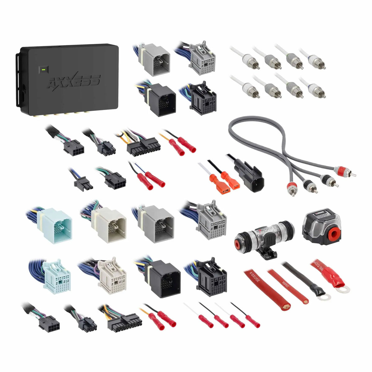 Axxess interface with color-coded harness connectors, RCA leads, power terminals and a fuse holder