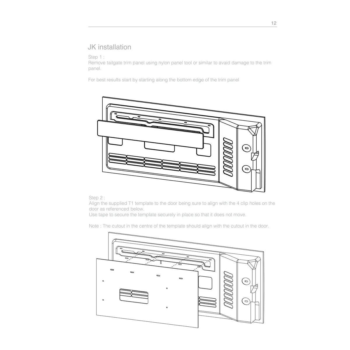 Wrangler JK installation drawings showing tailgate trim removal and alignment of a drilling template