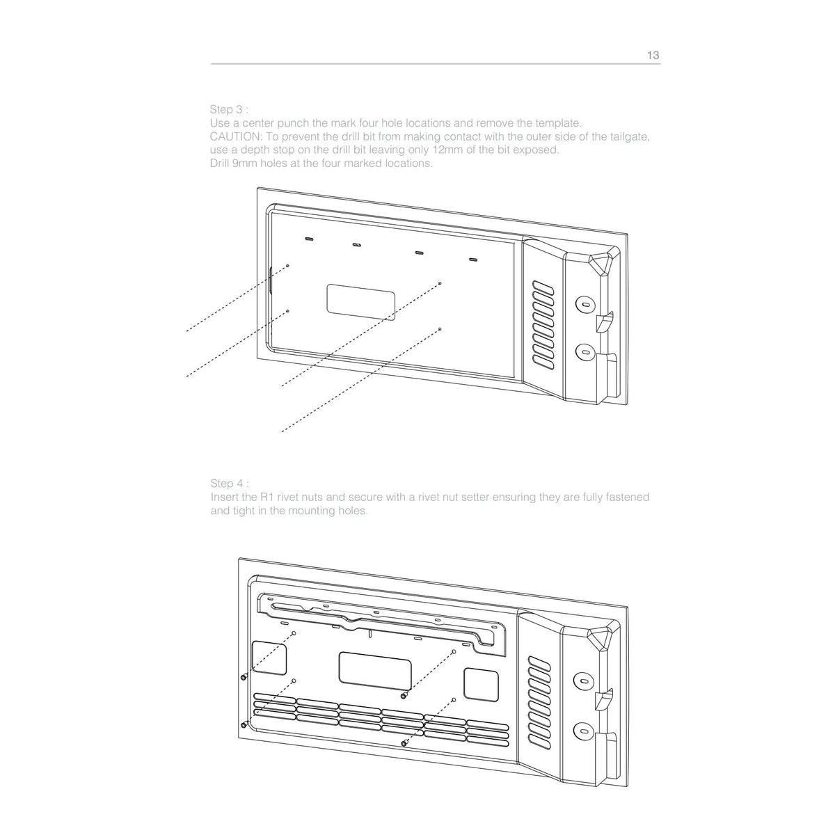 Tailgate installation guide showing four drilling locations and insertion of rivet nuts