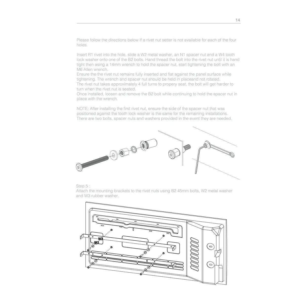 Installation guide showing a bolt-and-washer method for setting rivet nuts and attaching tailgate mounting brackets