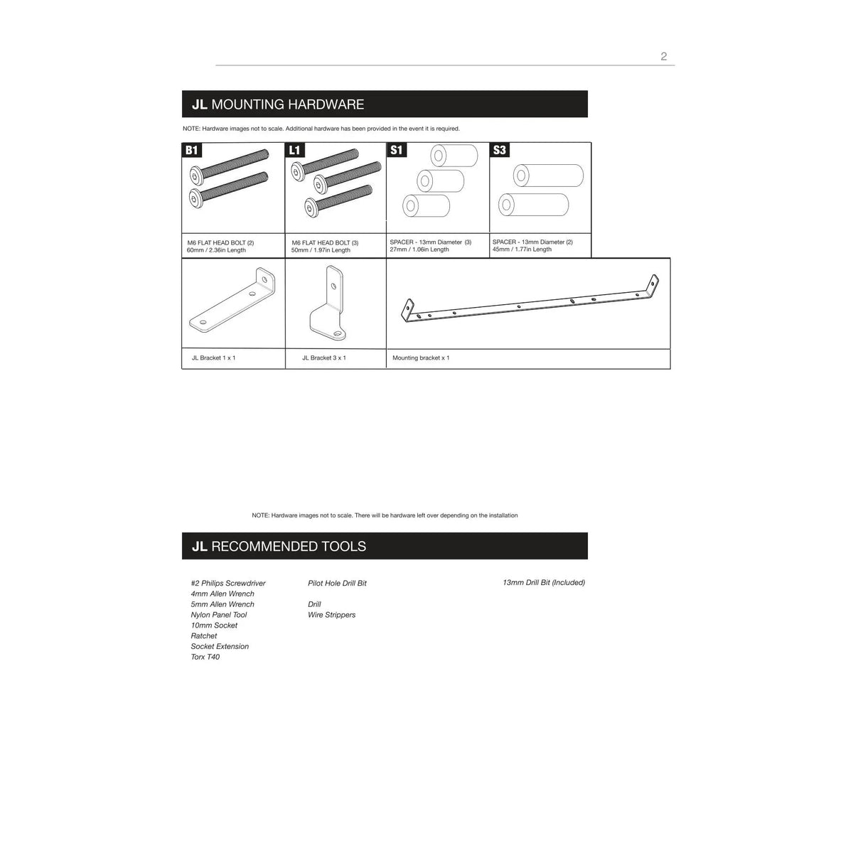 Jeep JL enclosure installation inventory showing mounting brackets, bolts, spacers and the required tools