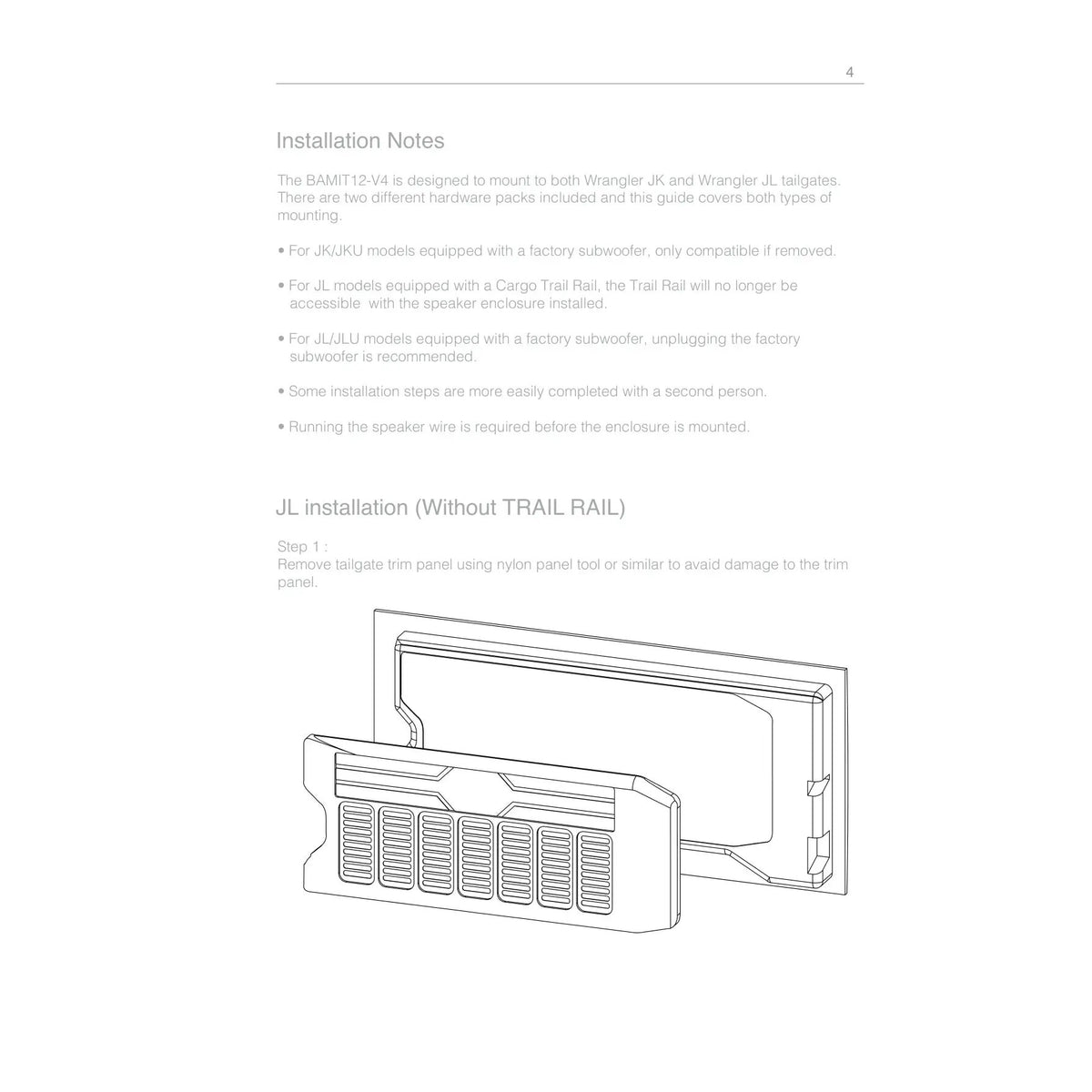 BAMIT12-V4 installation notes and drawing showing removal of the Wrangler JL tailgate trim panel without Trail Rail
