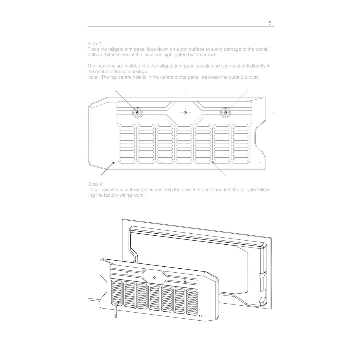 Installation guide showing five tailgate trim-panel drilling points and speaker-wire routing through a vent