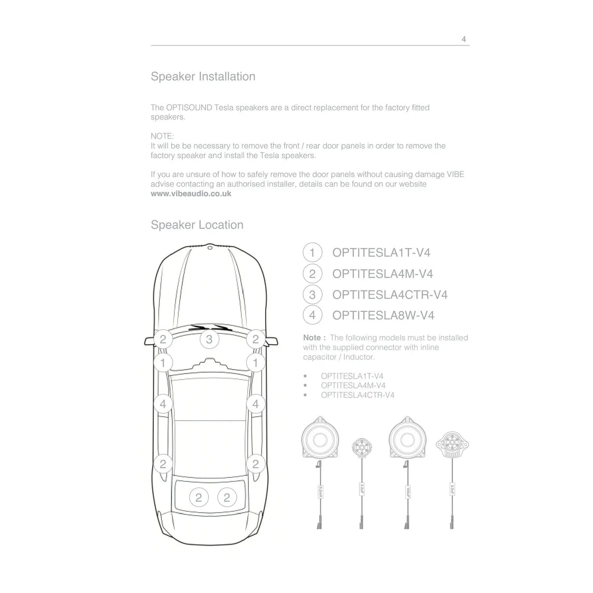 Tesla speaker-location guide noting that tweeters, midranges and the center speaker require the supplied inline capacitor or inductor connectors