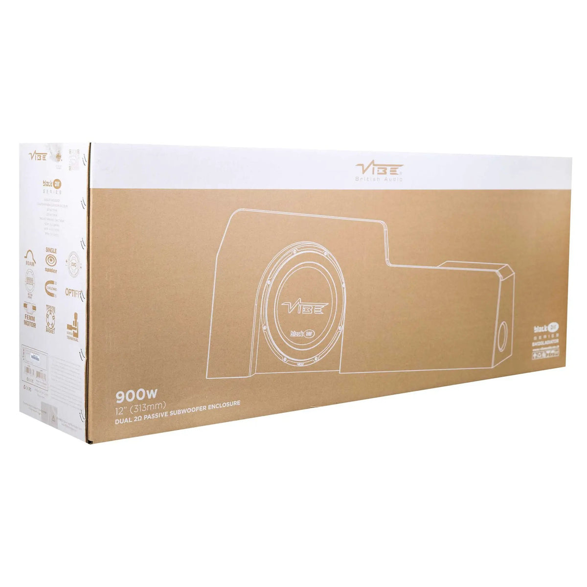 VIBE subwoofer enclosure retail box at an angle, showing its enclosure illustration